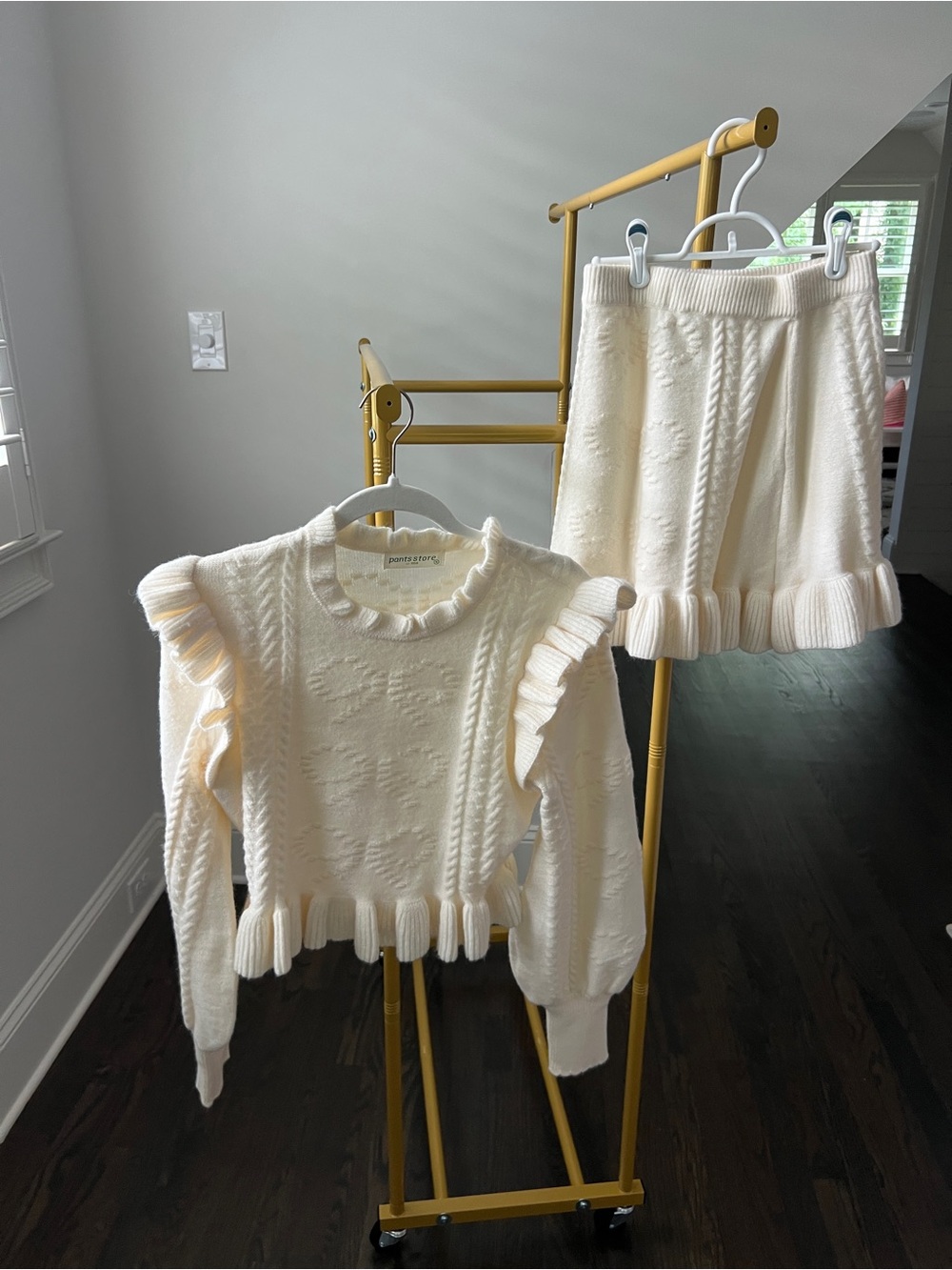Cream Ruffle-Trim Knit Mini Skirt Set